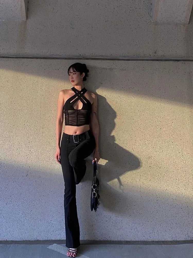 Hollow Halter Ruched Patchwork Mesh Cami Top