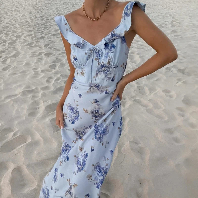 Floral Ruffle Halter Backless Maxi Dress
