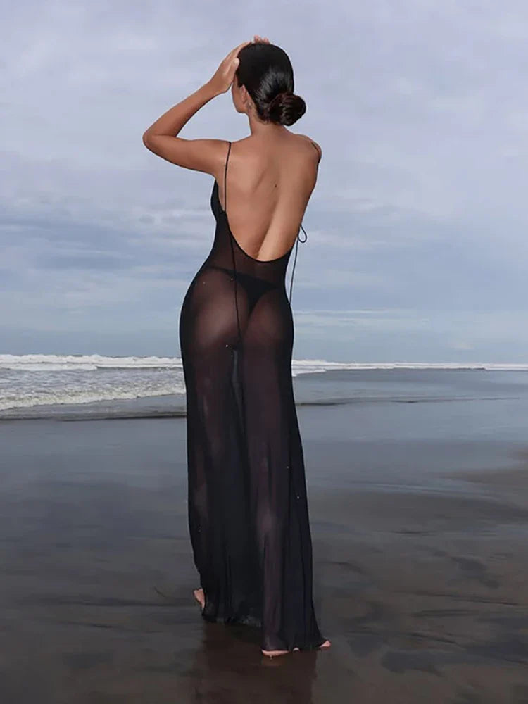 Sheer Mesh Swing Neck Midi Dress