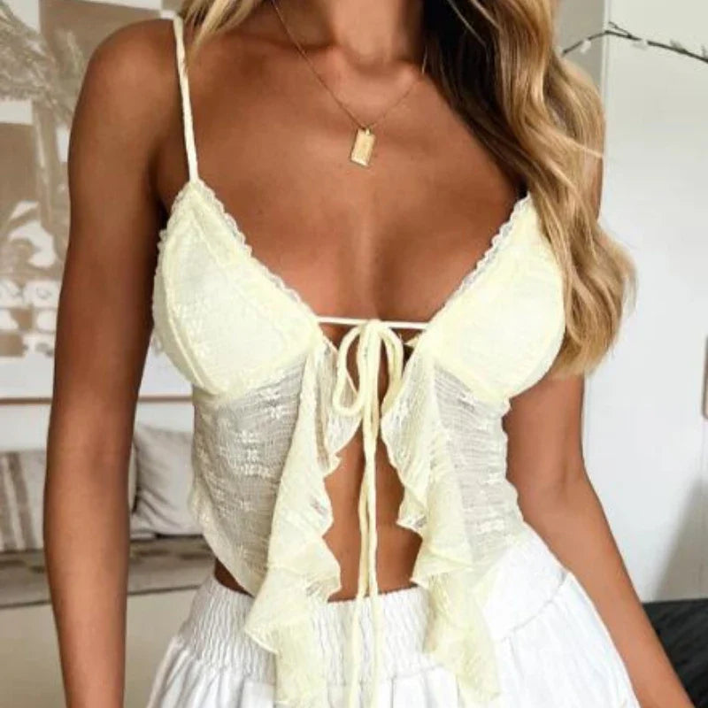 Tie Front Lace Trim Spaghetti Strap Cami Top