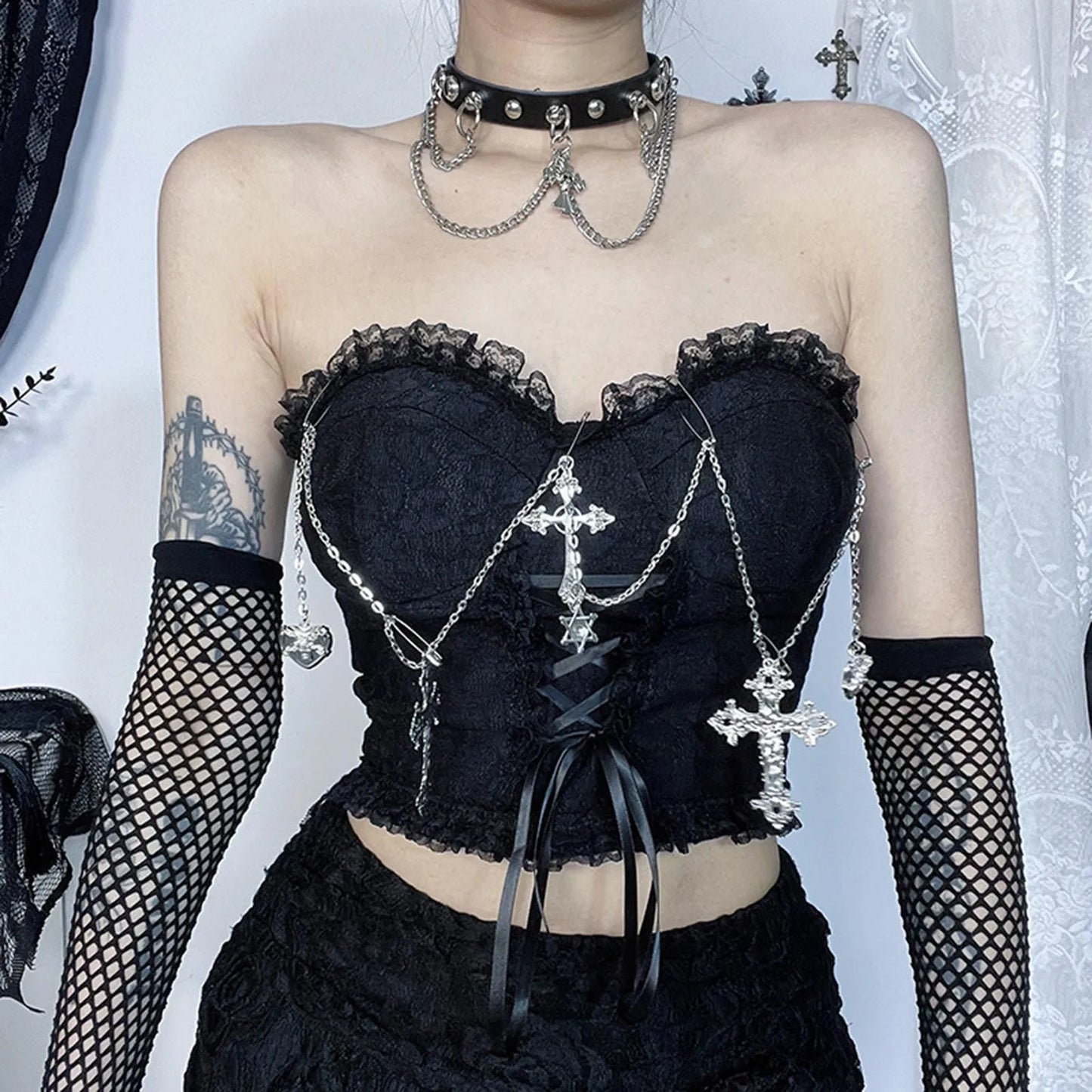 Dark Style Gothic Chain Tube Top Wrapped Chest Crop Top