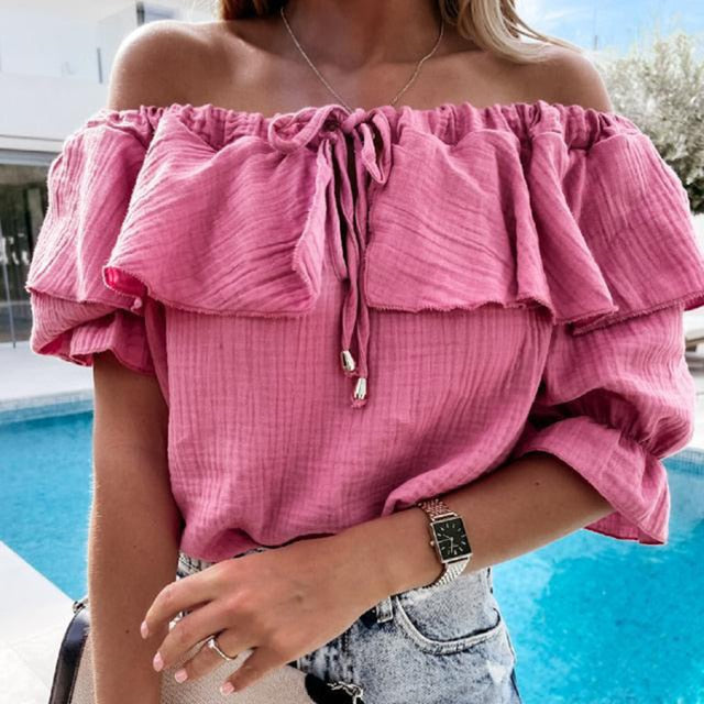 Off Shoulder Ruffles Blouse Shirts Color Lace-Up Tops Pullovers Casual Loose Blusa