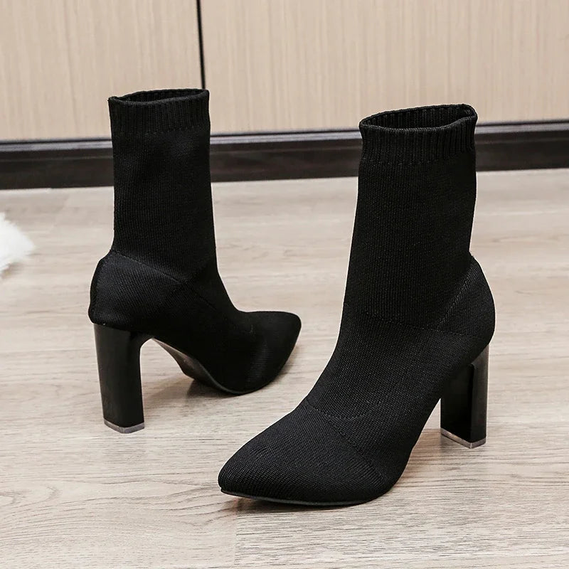 Pointed Toe Knitted Stretch Fabric Plus Size Black Modern Ankle Boot