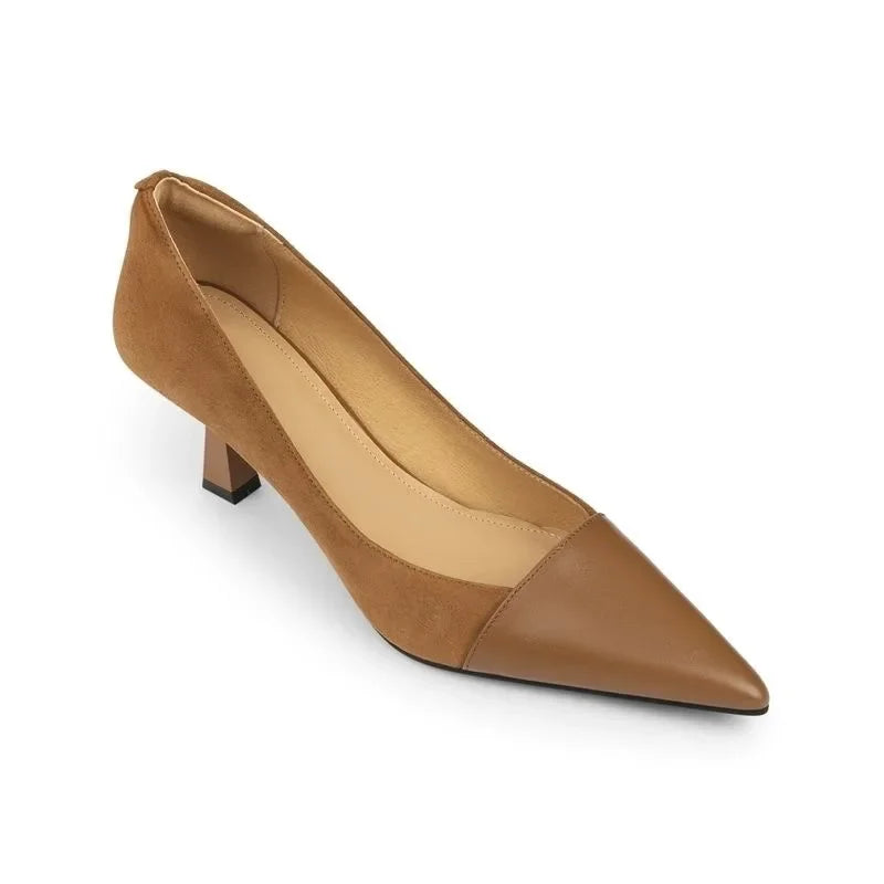 Pointed Elegant Summer Korean Fashion Apricot Black Color Block High Low Heel Pumps