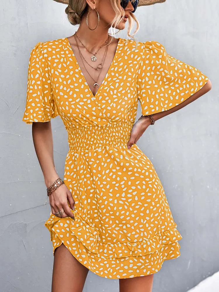 V Neck Mini Floral Short Lotus Leaf Elegant Midi Dresses