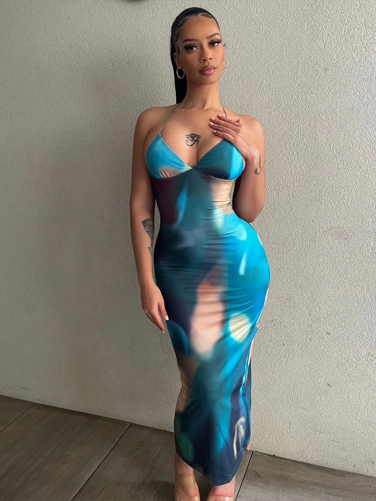 Tie Dye Backless Cross Midi Dress