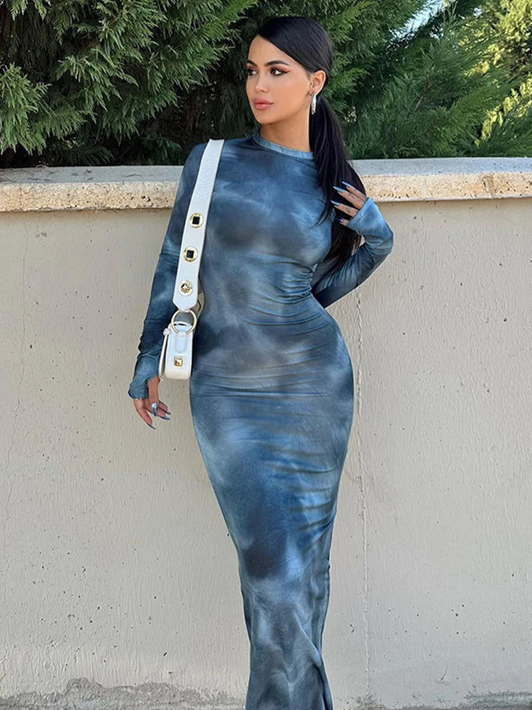 Tie Dye Long Sleeve Wrap Midi Dress