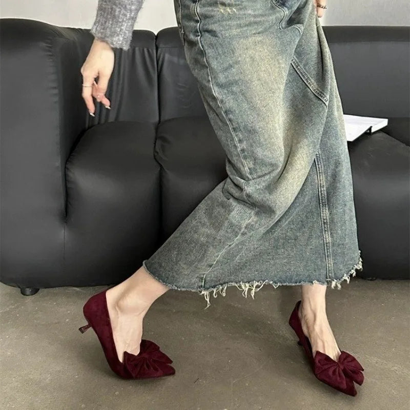 Autumn Elegant Butterfly Knot Stylish Pointed Toe Stiletto Low Heel Pumps