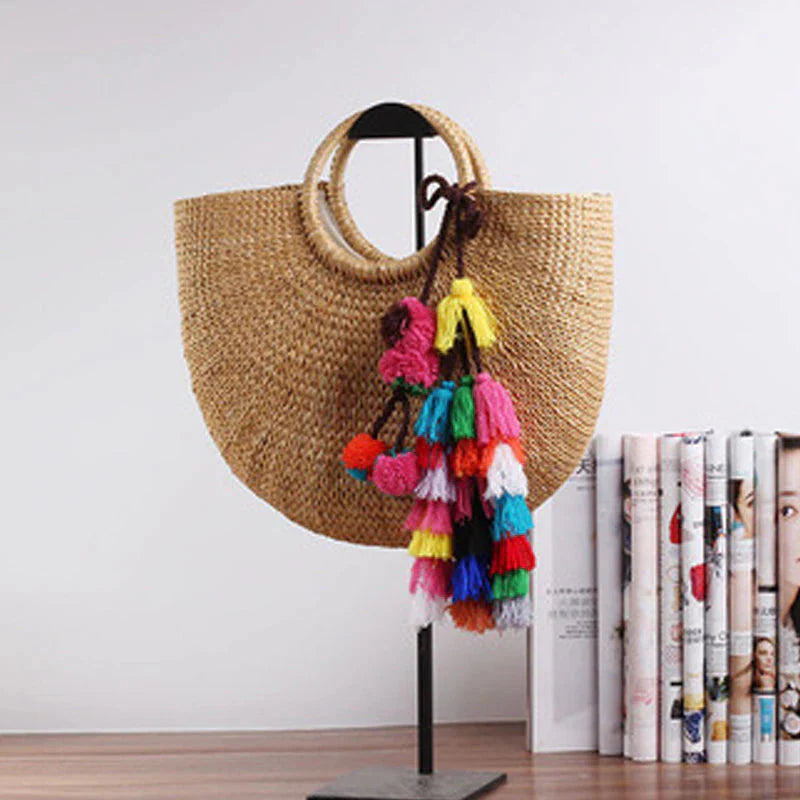 Straw Bucket Tote Bags with Ring Handle - w or w/o Tassels