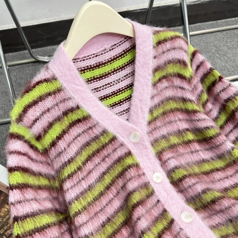 Taika Fuzzy Striped Mohair Knitted Cardigans