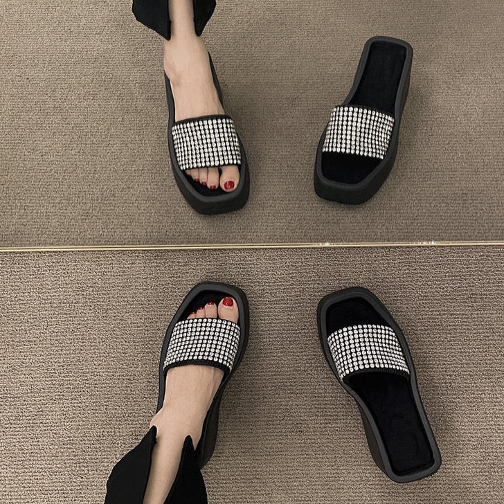 Thierry Rhinestone Sequin Upper Platform Slippers - 2 Colors