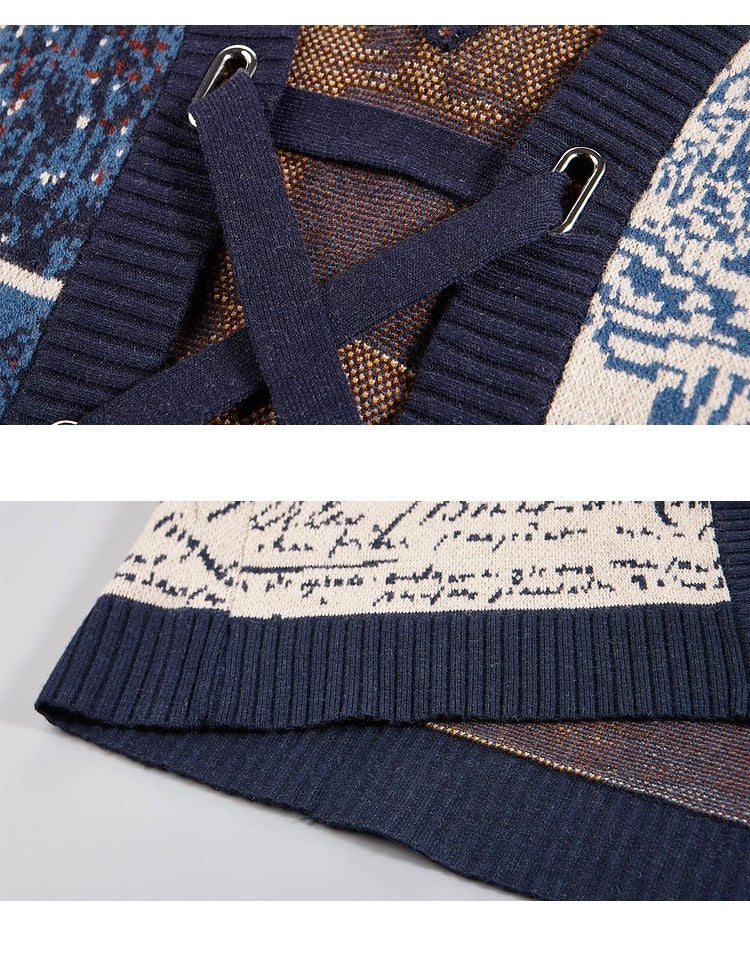 Van Gogh Print Intarsia Knit Vest Tunic