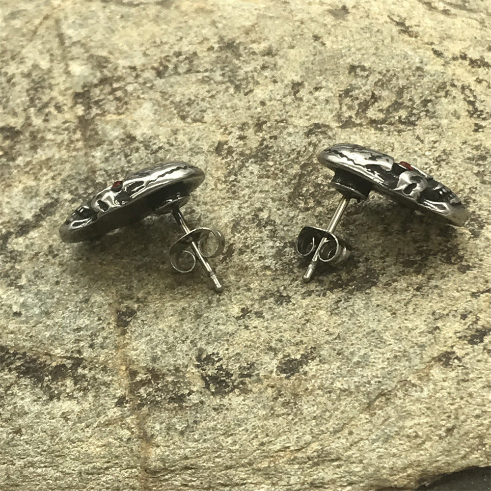 Viking Red Eye Skull Head Stud Earrings