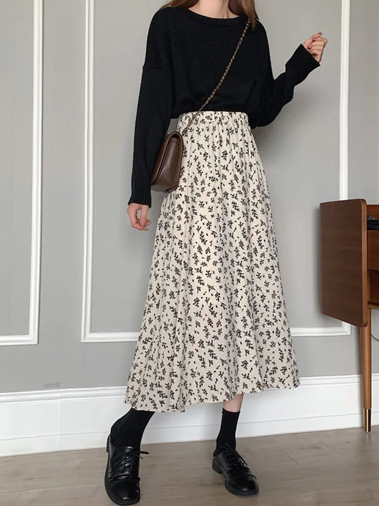 Vintage Floral Print A-line Pleated Streetwear Drawstring Midi Skirt