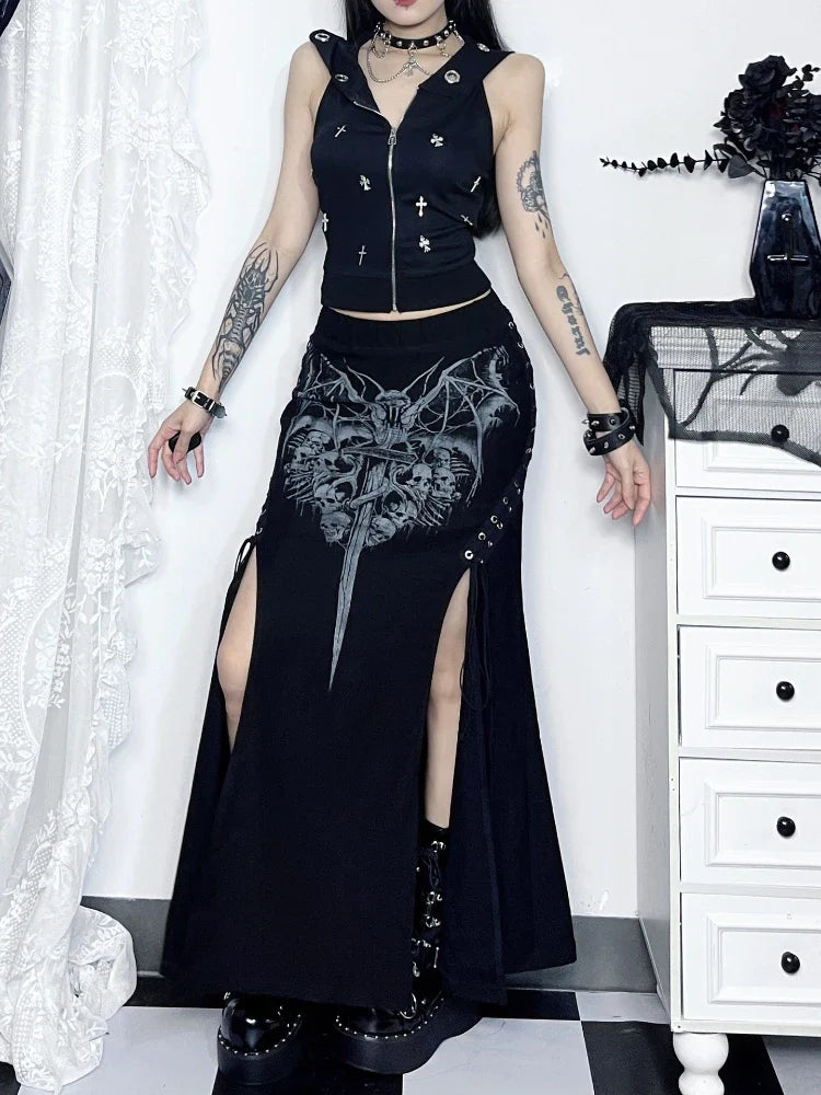 Vintage Print High Waist Mermaid Maxi Gothic Long Gothic Print High-slit Skirt