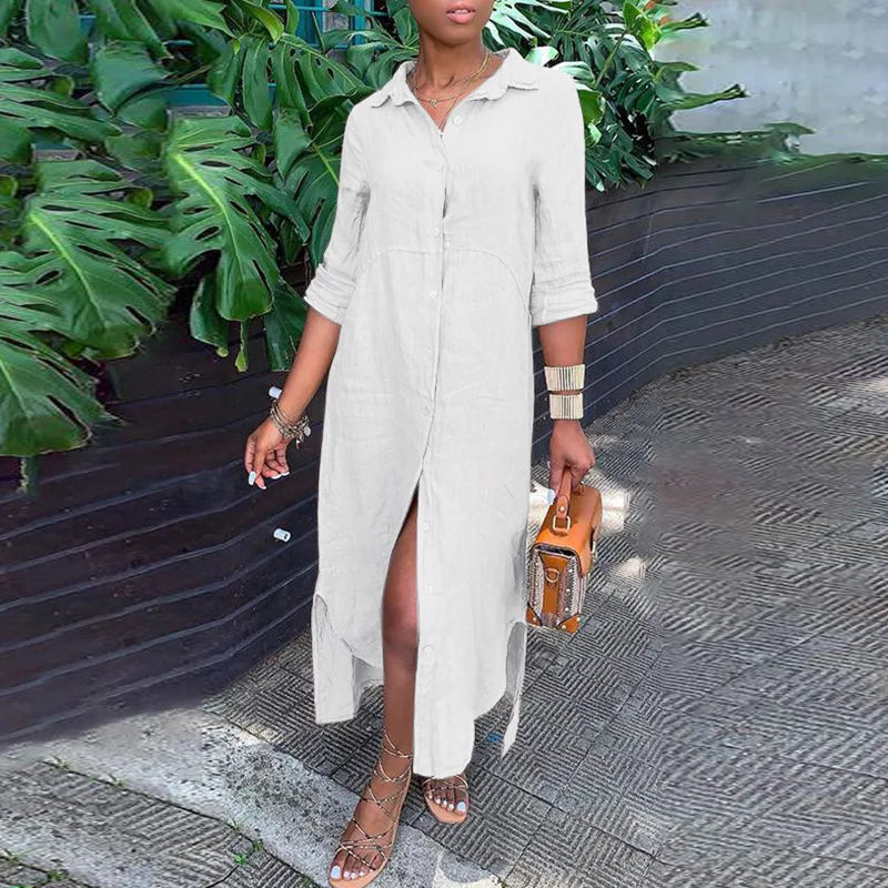 Vintage Solid Tunicas Lapel Button Up Boho Maxi Dress