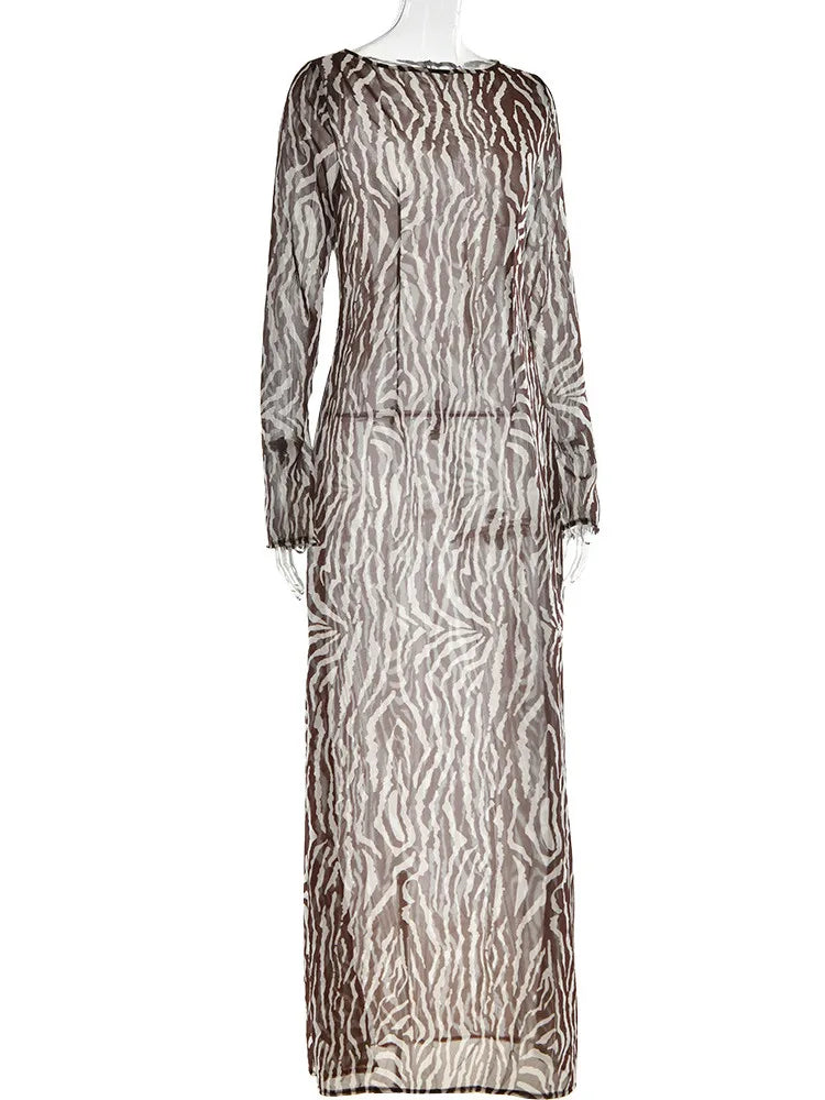 Autumn Long Sleeve Zebra Print Bodycon Maxi Dress