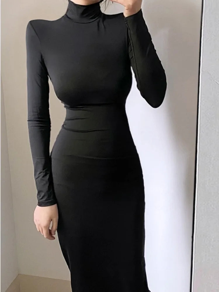 Korean Slim Stand Collar Black Maxi Dress