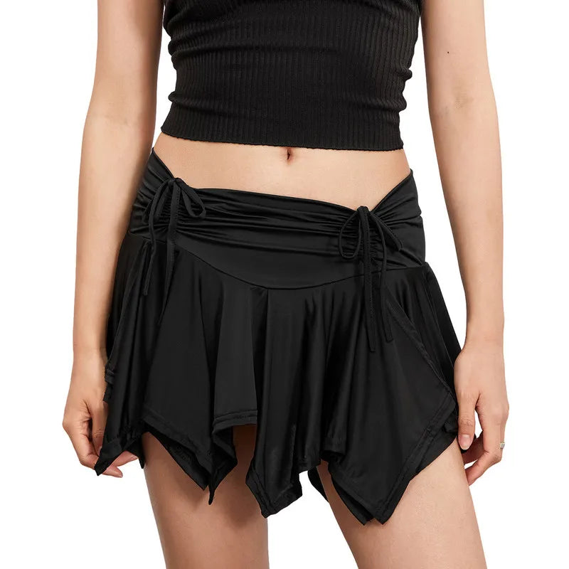 Gothic Irregular Solid Color Drawstring Tie-Up Ruched Ruffles Mini Summer Skirt