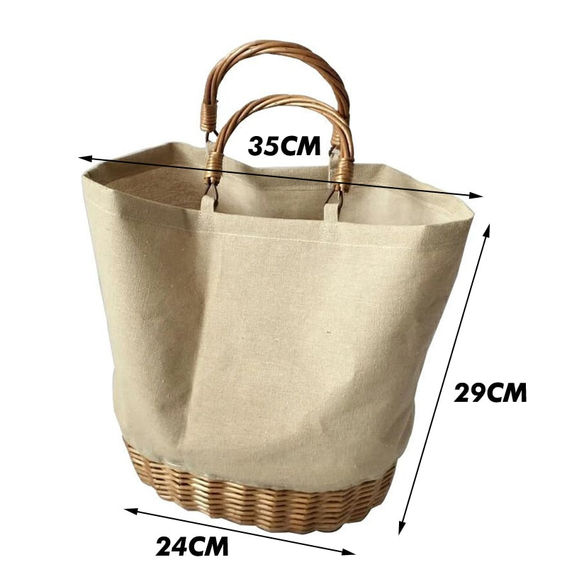 Wicker Handle & Bottom Canvas Tote