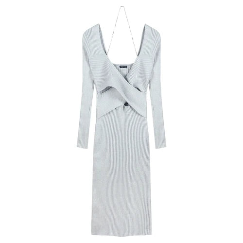 Elegant V-Neck Solid Y2K Designer Knitted Maxi Dress