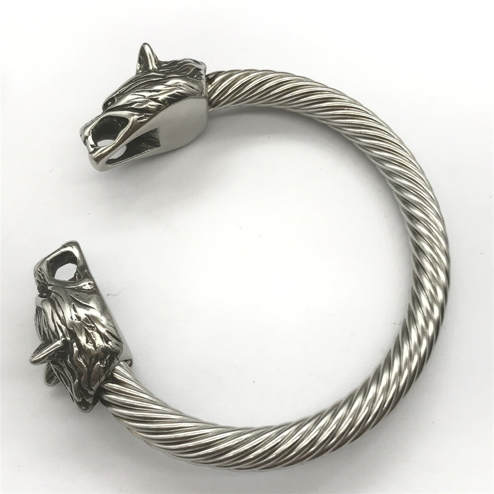 Wolf Head Steel Wire Rope Cuff Bracelet
