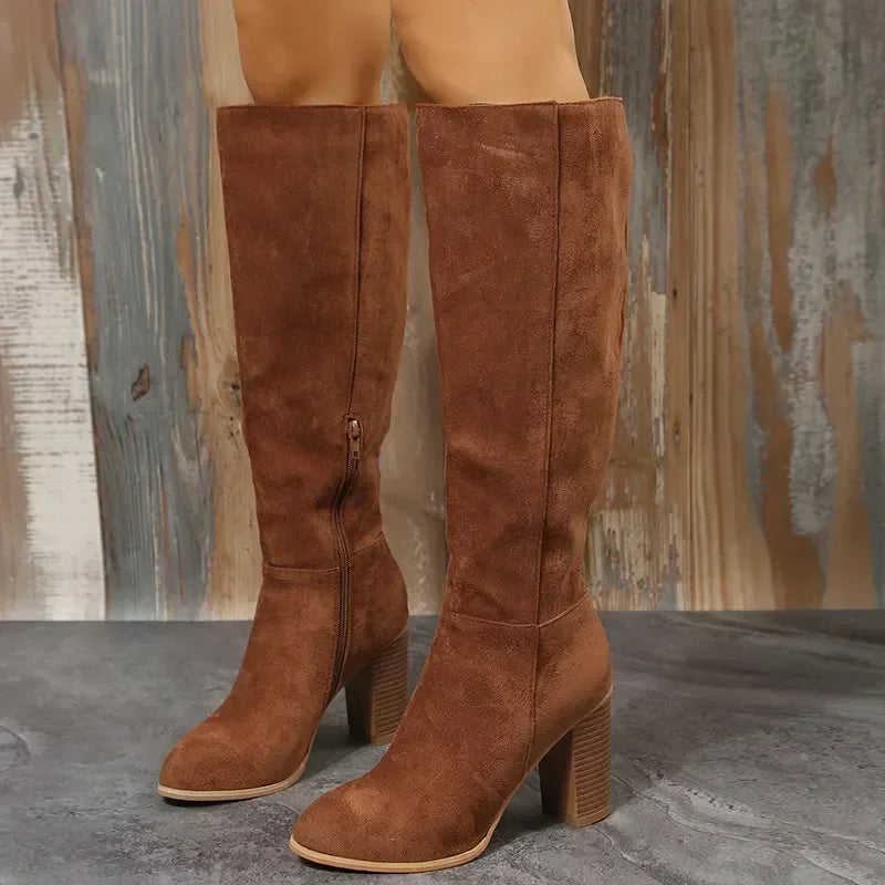 Retro Heels Western Cowboy Warm Plush Leather Suede Knee High Boots