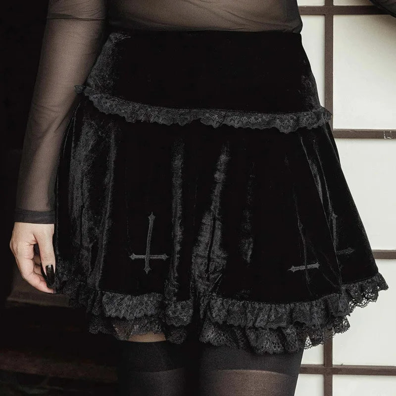 Fashion Summer Embroidery Black Gothic Casual Stylish Lace Trim Skirt