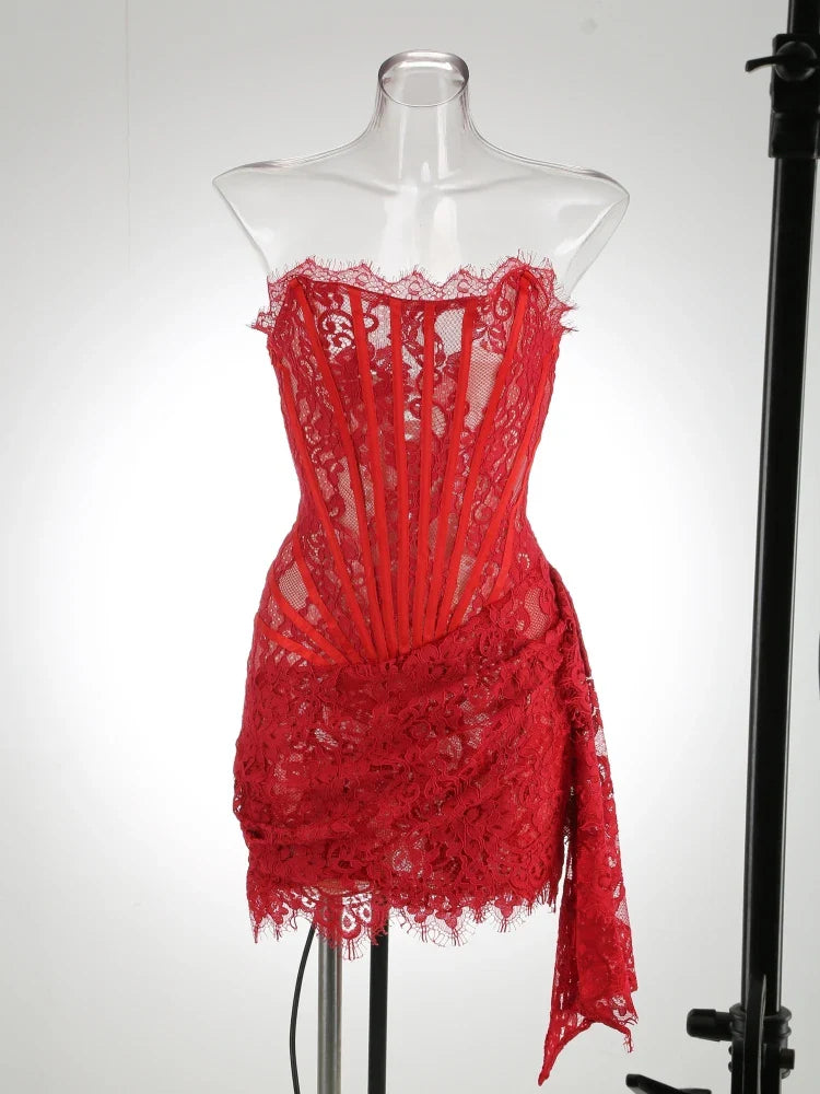 Pleated Evening Gowns Lace Patchwork Party Clothes Lace Dress