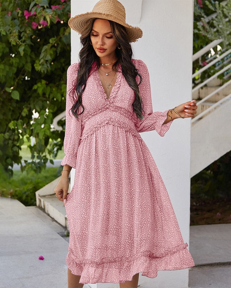 Spring And Summer Popular V-neck Simple Printed Dress