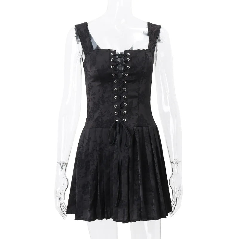 Retro Low-Cut Suspenders Pleated Dress Cut Out Dresses