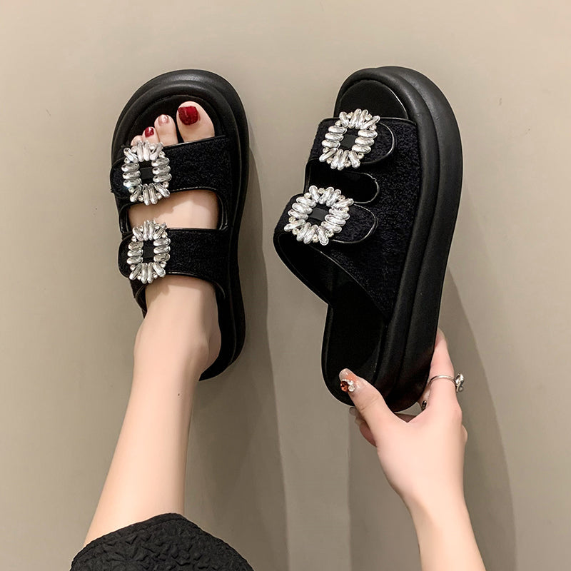Wren Rhinestone Buckle French Terry Sandals