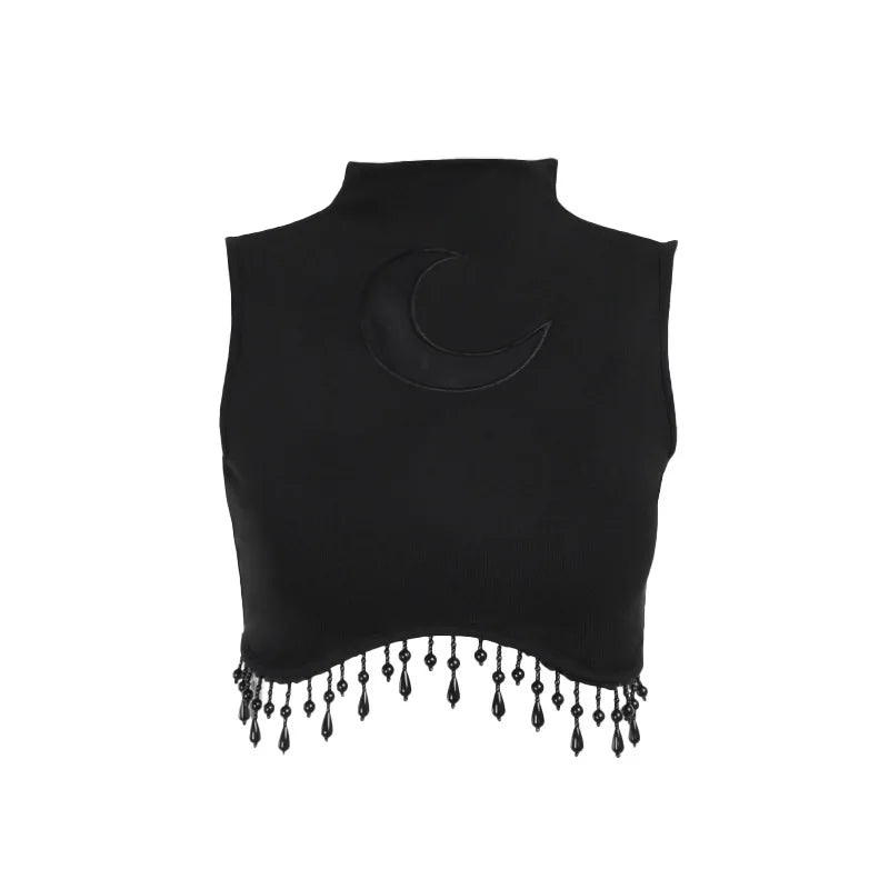 Y2K Goth Moon Lace See Through Vintage High Collar Sleeveless Tassels Crop Top