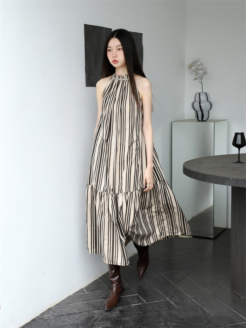Yejin Vetical Stripe Halter Maxi Dress