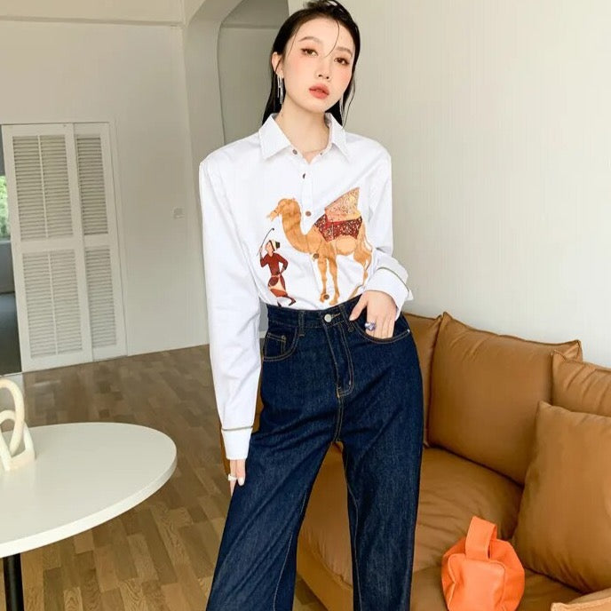 Zahra Chic Camel Prints White Shirt