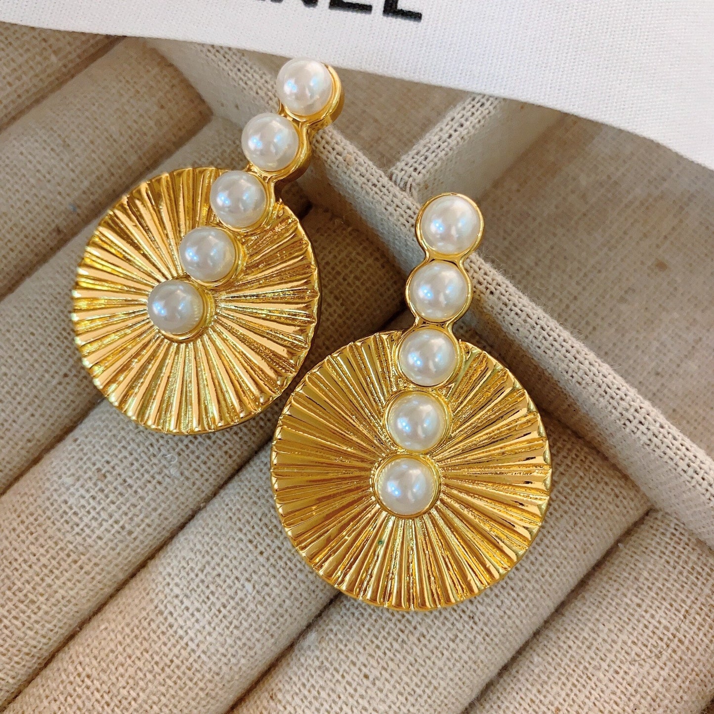 Zuria Vintage Gold Disk and Pearl Earrings