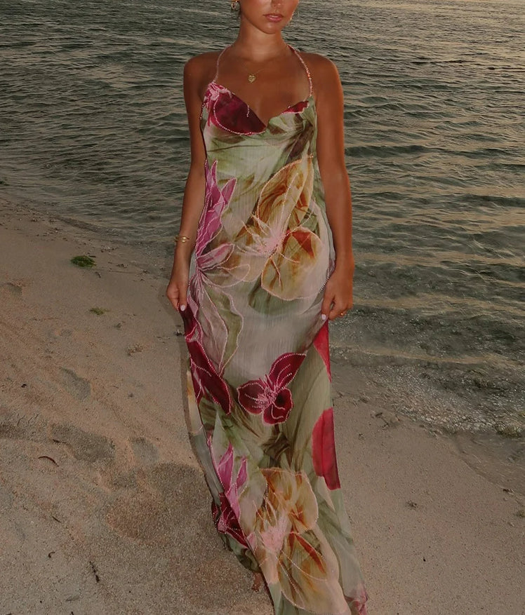 Bead Chain Split Swing Floral Dress