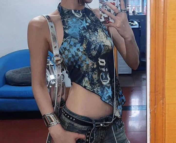 American Street Print Halter Sheer Top