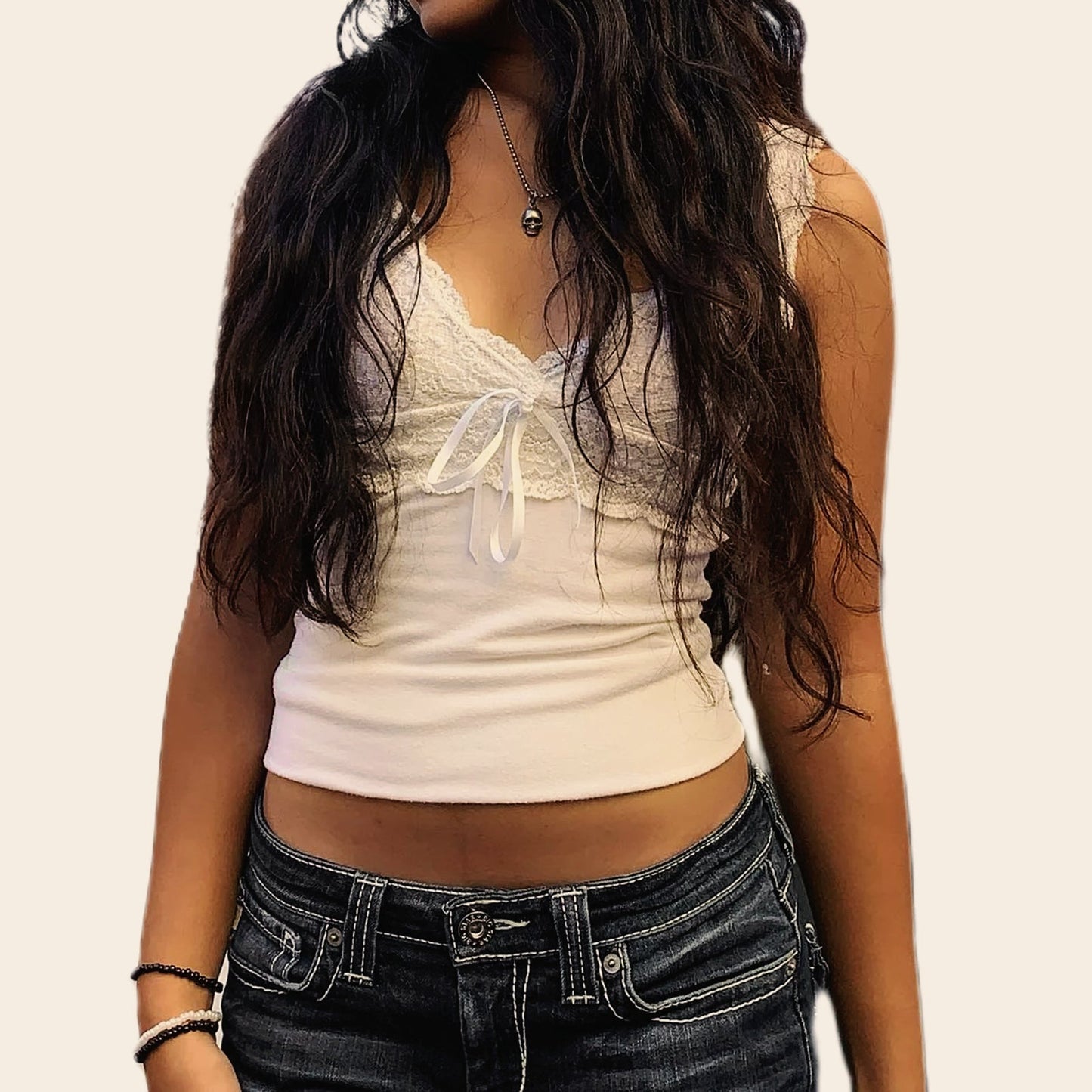 Y2K Chic Flower Lace Patchwork Deep V-neck Cami Top