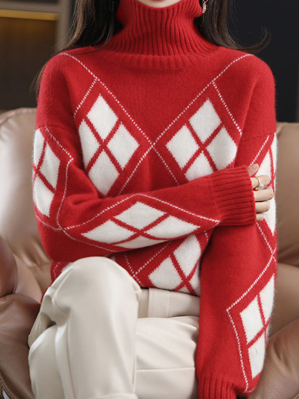 Casual Long Sleeves Loose Plaid High-Neck Sweater Tops