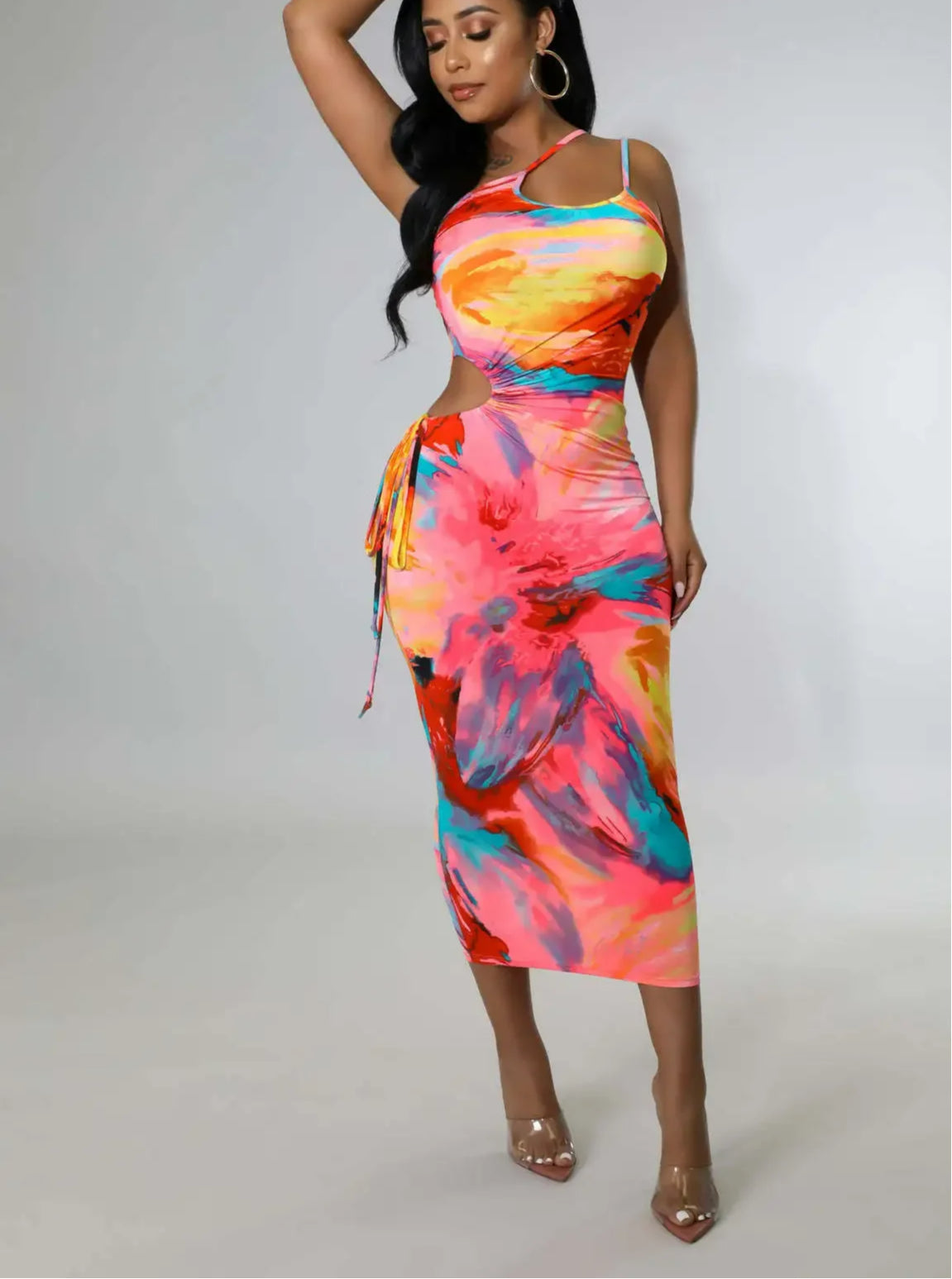 Tie Dye Spaghetti Strap Skew Neck Midi Dress