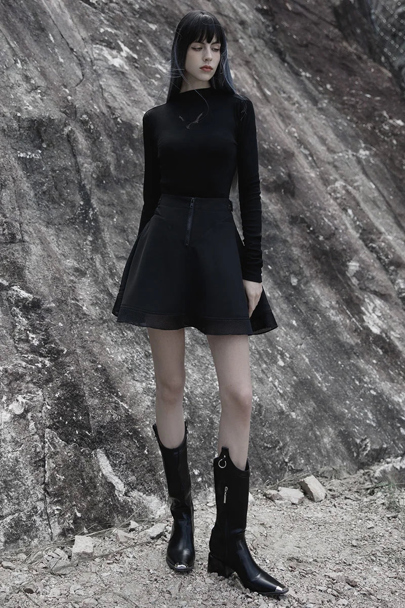 Women's Large-hole Mesh Stitching Sun-hem Twill Chiffon Gothic Daily Black Mini Skirt