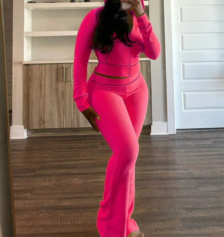 Zipper Hoodie Flare Pants Knit Set