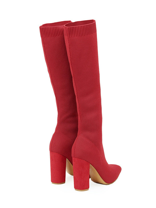 Pointed-Toe Solid Color Chunky Shoes Pumps Boots