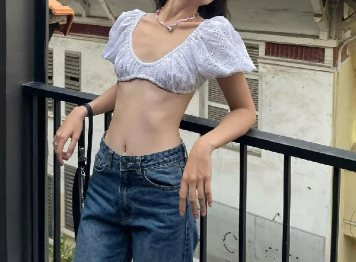 Elegant Puff Sleeve Hollow Out Crop Top