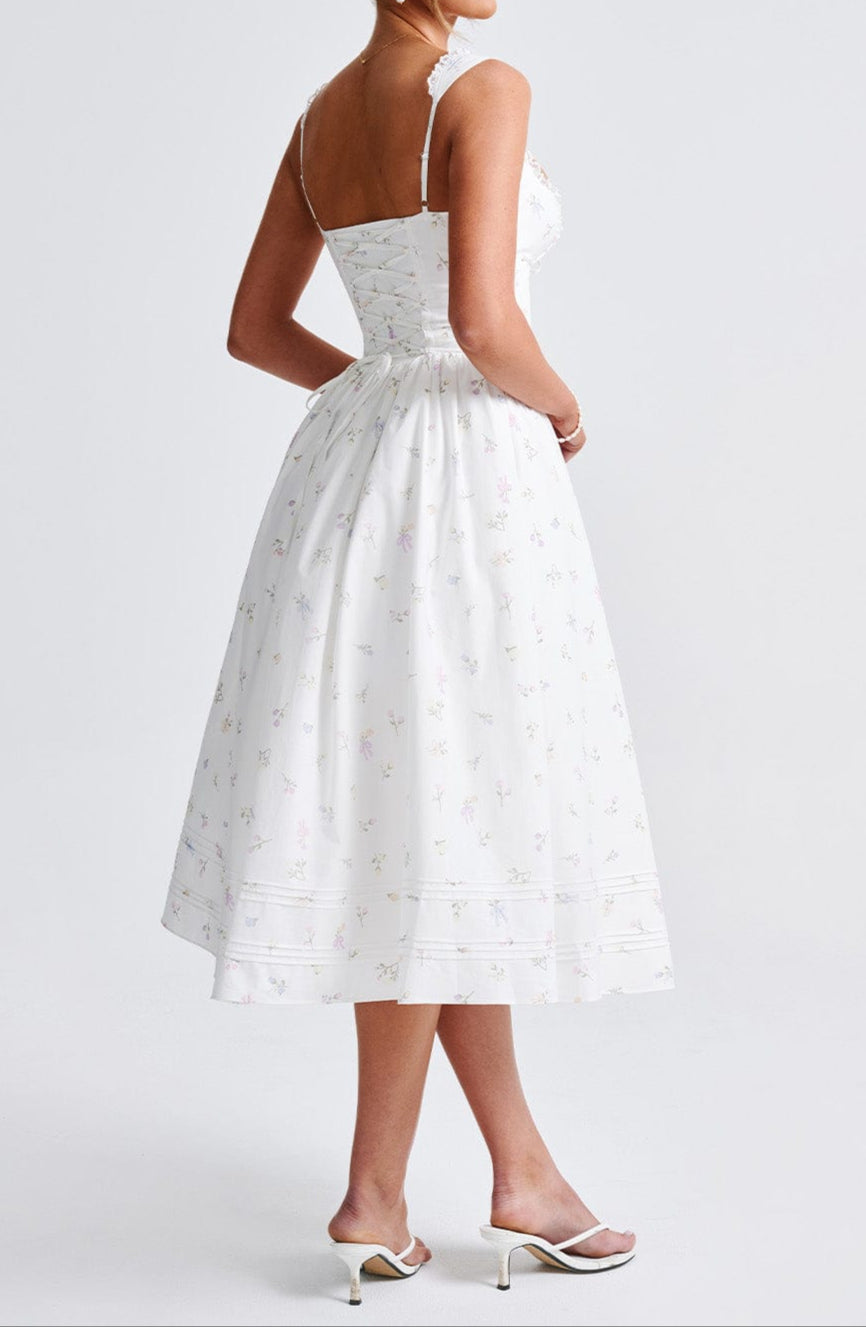 Romanadia Midi Dress - White Multi Floral Print