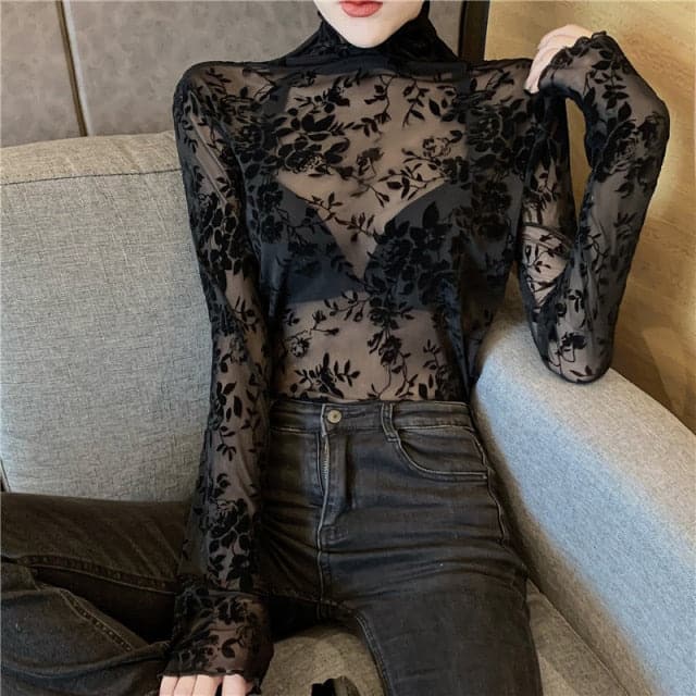 Girls Transparent Flocking Mesh Blouses Shirts Tees Female Turtleneck Full Sleeve Blouses Tops For Women