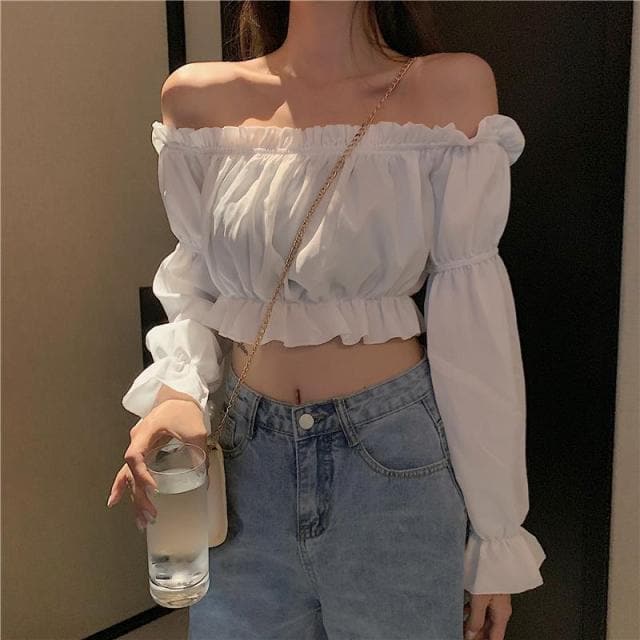 Slash Neck Blouse Fashionable Puff Sleeve Short Top Female Black White Slim Shirts Vintage Solid Tops