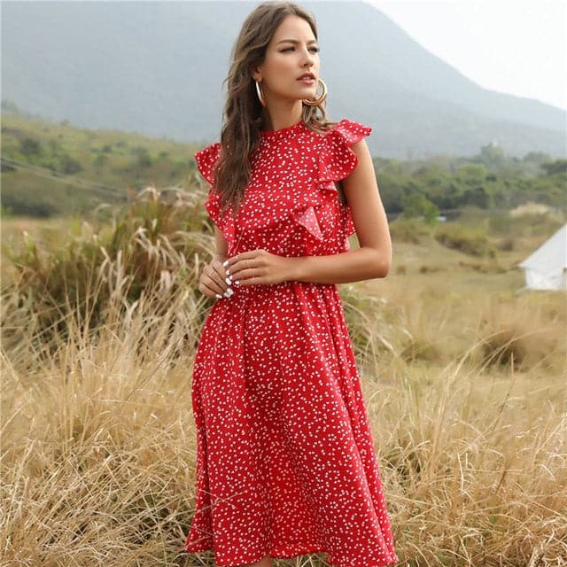 Elegant Heart Dot Sleeve Ruffles Medium Dress