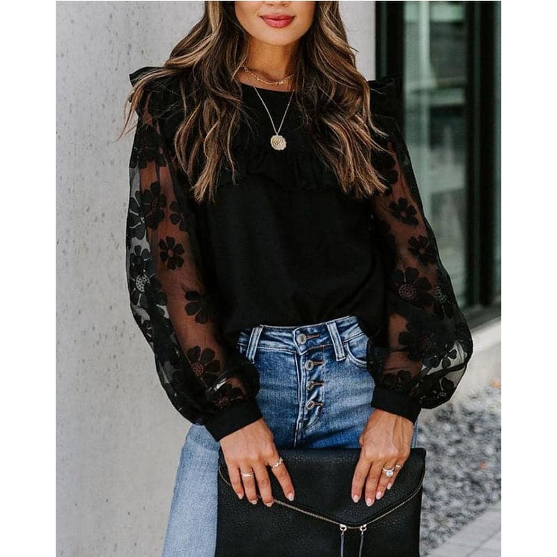 Woman Elegant Mesh Patchwork Blouse Long Sleeve Blouse Lace Transparent Flower Lantern Sleeve Pullover Streetwear Shirts